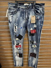 Pantalones de mezclilla Evolution FWRD para hombre ajustados desgastados parcheados moda urbana elásticos 42x34