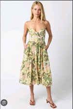 Vestido midi corsé de lino floral amarillo con bolsillos Olivaceous para mujer talla S