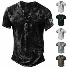 Camisa Henley Para Hombres Manga Corta Vintage Informal Suelta Cuello en V Pullover Camiseta Prendas para el torso