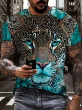 Camiseta Hombre Leopardo Teal Azul Estampado gráfico Moda Manga corta ligera Tee