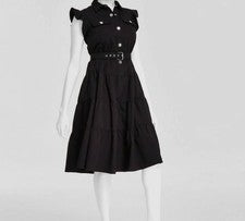 Vestido para mujer Tahari ASL negro con cuello en capas y botones a presión con cinturón talla 10