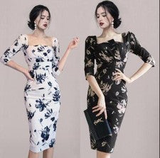 Mujer 2024 Moda Floral Cuello Cuadrado Mangas 3/4 Paquete Cadera Vestido Lápiz