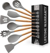 Juego de utensilios de cocina de silicona con asas de madera antiadherentes