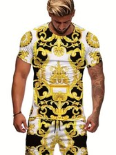 Camiseta Barroca Moda Apagado Hoja Amarilla Oro Blanco Fiesta Hombre Manga Corta