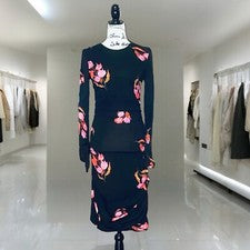 Vestido ZARA Negro Estampado Floral Drapeado Cuello Redondo Mangas Largas Acanalado Talla S
