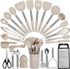 Juego de utensilios de cocina grandes, juego de 35 utensilios de cocina de silicona con soporte