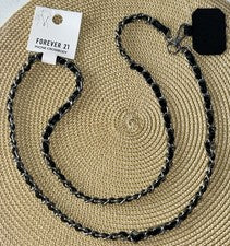 Correa Bandolera para Teléfono Forever 21 Negra Imitación Cuero Tejido Cadena Tono Plateado Nueva con Etiquetas