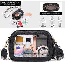 Bolso Bandolera PU Transparente Moda Negro Puro Flecos Colgante Mediano Para Mujer