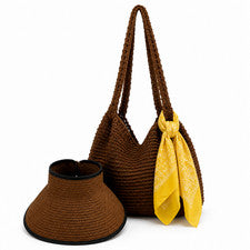 Conjunto de playa de 3 piezas para mujer - Bolso de mano de paja, sombrero parasol y bufanda de moda