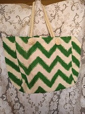 Bolso de Mano Grande Yute Natural Verde y Beige, Hecho en la India 16"Wx14"Hx 7"D Cuerda de Algodón