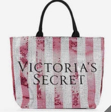 Bolso de Mano Grande Victoria's Secret Rosa y Plateado Lentejuelas Rayas Fin de Semana Nuevo con Etiquetas Nuevo