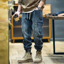 Moda Hombres Denim Pantalones Ajustados Cordón Sueltos Jeans Mono Suelto Informal Pantalón