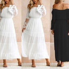Moda Elegante Boda Mujer Vestido Playa Manga Larga Vestido Largo