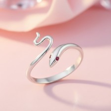 Anillo Serpiente Plata de Ley 925 Rojo Circonita Mujer Ajustable 49-54