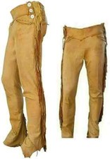 Hombres Marrón Dorado Vaquero Occidental Gamuza Cuero Pantalón Pierna Botones Laterales y Flecos