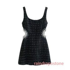 Mini Vestido Para Mujer Retro Tweed Negro Sin Mangas Recortado Perla Moda