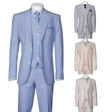 Traje Seersucker a Rayas de Moda de 3 Piezas para Hombre con Chaleco y Pantalones Calce Ajustado 2 Botones