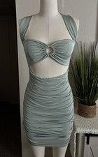 Sexy Mini Vestido de Fiesta Acanalado Halter Verde Salvia TRESSER Moda Boutique Para Mujer