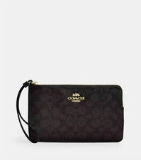 NUEVO CON ETIQUETAS Bolso Coach Grande Esquina Cremallera Muñequera Firma Lona CZ277 Dorado Nogal Negro