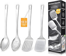 Juego de 4 utensilios de cocina, utensilios de cocina de acero inoxidable, resistente al calor Met