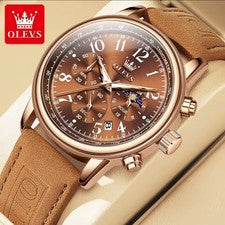 Reloj de pulsera OLEVS para hombre de cuarzo, cronógrafo, correa de cuero impermeable.