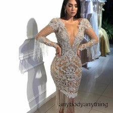Vestido Corto Borlas Para Mujer Profundo en V Paquete de Cóctel Cadera Sexy Moda Manga Larga