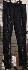 Pantalones de mezclilla rectos desgastados con salpicaduras de pintura negra de moda para hombre 5 bolsillos