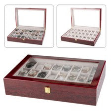 Caja de reloj de madera de 24 ranuras vitrina tapa de vidrio organizador de almacenamiento de joyas + cerradura