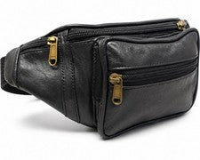 Riñonera de cuero negro suave 5 bolsillos con cremallera correa ajustable 39 cm 103