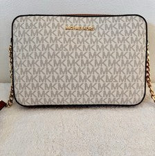 Bandolera Michael Kors Blanco/Marrón Logo Mediana Cremallera Correa Ajustable Detalles Dorados