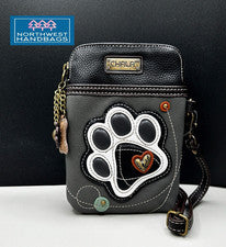 BOLSO BANDOLERA BOLSO CHALA GRIS BLANCO Y NEGRO PAWPRINT PERRO CELULAR