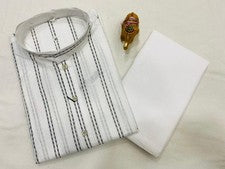Algodón Puro Off White con Rayas Verdes Festival Étnico Tradicional Hombres Kurta