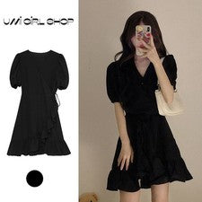 Leichtes Polyester Damen Kurzarm V-Ausschnitt Kleid modischer Look