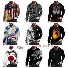 Camisetas Hombres Moda Manga Larga Bandera de EE. UU. Camiseta Estampado Gráfico Cruzado Suave Sedoso