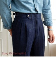 Hombres Lino Estilo Italiano Pantalones Verano Cintura Alta Pantalón Recto Traje Pantalón