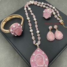 Real Cristal Rosa Crudo Gemas Curativas Incrustación Pendientes Anillo Pulsera Colgante Collar