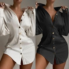 Vestido Camisa Midi Para Mujer Primavera Verano Moda Color Sólido Ajustado Manga Larga