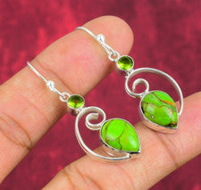 Pendientes de plata 925 hechos a mano con piedras preciosas de cobre verde turquesa y peridoto joyería