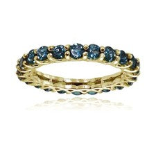 Anillo de eternidad de corte redondo de 3 mm con topacio azul Londres plata destellada de oro amarillo, talla 7