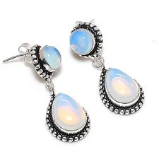 Pendiente de plata de ley 925 con piedras preciosas de opalita de fuego tamaño 1,45"