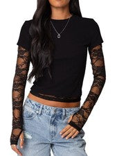 Camiseta para mujer calce ceñido encaje panel mangas top corto con agujero para el pulgar redondo8665