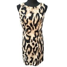 Vestido de granero para mujer talla 8 sin mangas cremallera estampado de leopardo debajo de la rodilla nuevo con