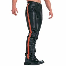 Pantalón de motociclista estilo correa lateral roja de cuero de vaca genuino para hombre real