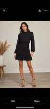 Moda Nova Para Mujer Mini Vestido Negro Calado Talla Mediana Manga Larga Volantes Dobladillo