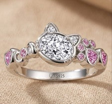 Lindo anillo de cristal de gato en plata de ley 925 rosa anillo de pata de gato anillo de gatito