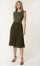 Vestido midi informal elástico con mangas con volantes tejido y dobladillo ancho plisado para mujer