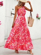 Maxivestido mujer estampado floral y escote asimétrico
