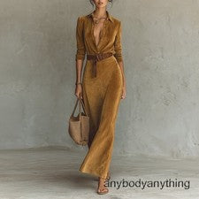 Invierno Mujer Manga Larga Cuello en V Gamuza Vestido Largo Moda Falda Cinturón Vestido