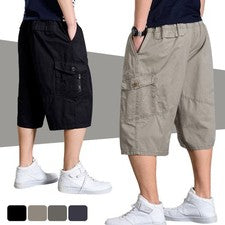 Pantalones cortos cargo holgados informales de algodón lisos talla grande para hombre de 3/4 de longitud