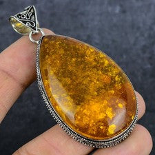 Colgante de joyería de plata de ley 925 hecho a mano con piedras preciosas de ámbar báltico 2,96" z606